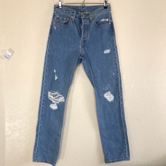 Levi medium wash straight 501 distressed denim jeans size 27 no stretch - Picture 1 of 13